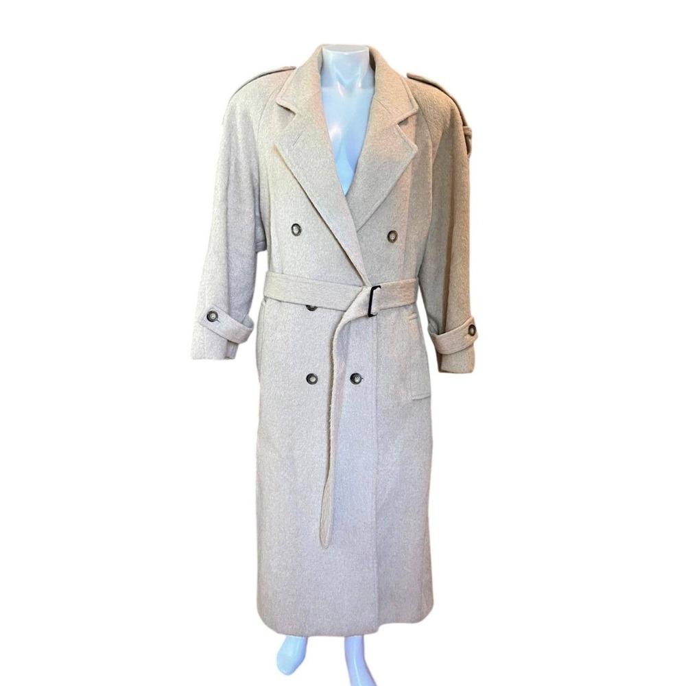 Vintage Alpaca Wool Trench Coat Paul Levy Beige Belted Long 80s Womens XL Duster